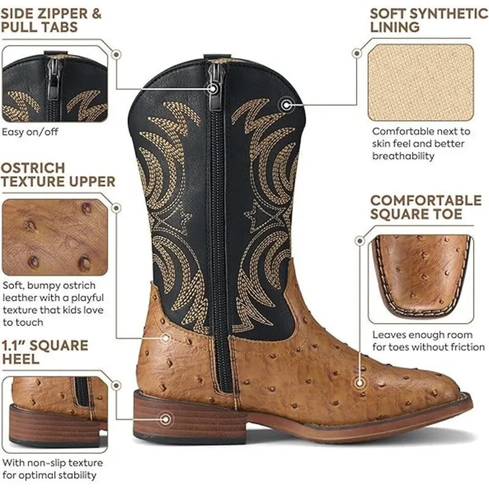 Rollda Boy Size 2 Black Tan Faux Leather Ostrich Square Toe Pull On Cowboy Boots